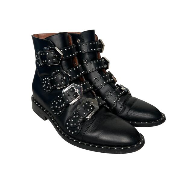 Givenchy Prue Black Leather Buckle Studded Booties Size 7.5 - Picture 1 of 13